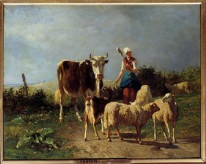 A Shepherd with a Cow and Sheep