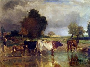 Cow and Calf at the Pond or the Watering Trough