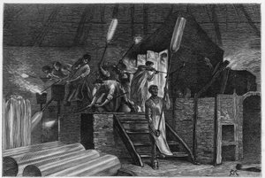 Inside a glassware, in Lodelinsart (or Lodlinsat, in the town of Charleroi). Engraving by Constant Meunier, to illustrate the story 