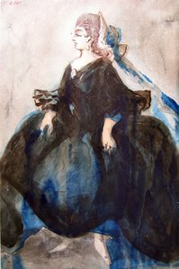 Study of a Woman in Profile Left, Dress Rolled Up and Wearing a Bonnet with a Cockade by Constantin Guys
