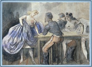 Scene in a Public House, Two Women and Two Soldiers Around a Table, in the Background Left, Other Silhouettes of Women and Men by Constantin Guys
