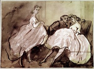 Two prostitutes and a seduction scene in a brothel by Constantin Guys