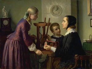 A housewife at her ribbon loom talking to two children by Constantin Hansen