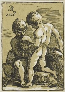Two Children Petting a Lamb by Conte Antonio Maria Zanetti the Elder