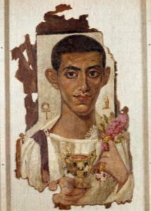 Portrait of Ammonios: representation of a man holding a golden canthara enriched with emeralds and filled with wine that identifies him as Dionysus. In the left hand of golden knights, the garland of roses, symbol of rebirth, near his head by Coptic
