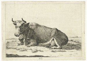 Landscape with Lying Horned Cow (Series: Cows) by Cornelis  Bisschop