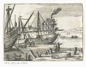 Harbor View with Two Sailing Ships and a Galleon, Two Men Standing on the Quay by Cornelis Bol (attributed to)