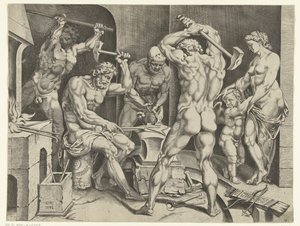 Venus and Amor in the Workshop of Vulcan by Cornelis Bos