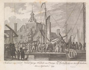 Arrival of the Wounded Prince Willem George Frederik in Rotterdam, 1793 (title on object: Arrival of Z.D.H. Willem George Fredrik van Oranje, in Rotterdam, after his injuries, September 15, 1793) by Cornelis Brouwer