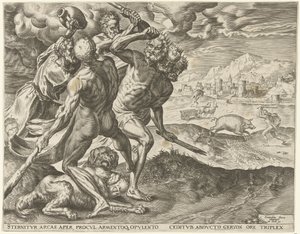 Hercules Kills Geryon and His Dog (Works of Hercules series) by Cornelis Cort