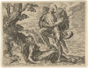 Hercules Wrestling with Antaeus (Works of Hercules) by Cornelis Cort