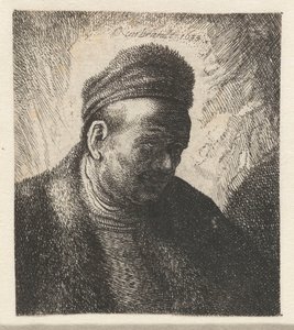 Beardless man in a fur cloak and cap: bust
