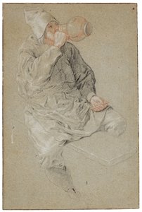 A Seated Man Drinking from an Earthenware Tankard Holding a Pipe by Cornelis Dusart
