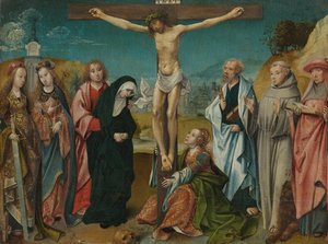 Christ on the Cross, with Mary, John, Mary Magdalene and Sts Cecilia and Barbara (left) and Peter, Francis and Jerome (right)