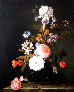 A Still Life of Flowers in a Vase Resting on a Ledge by Cornelis Kick