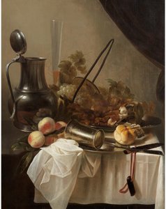 A Pewter Jug with an Overturned Silver Cup with Fruit, Bread and Meat on a Draped Table-top by Cornelis Kruys