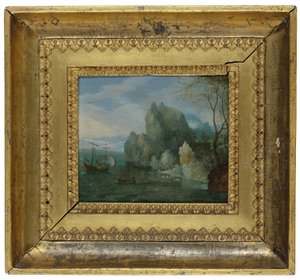 A Rocky Coastal Landscape with Figures on the Shore and a Moored Galley by Cornelis Liefrinck
