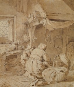 Farmhouse Parlour with Farmer, Cradle and Child by Cornelis Pietersz Bega