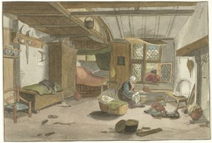 Interior with Woman by Cradle by Cornelis Ploos van Amstel (signed by artist)