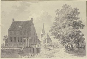 House with Moat and Bridge, Church in the Background, Tree on the Right with a Wagon and Several Figures Underneath by Cornelis Pronk