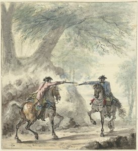 Two Riders Meeting and Shooting at Each Other on a Forest Path by Cornelis Troost