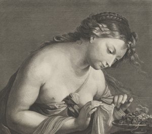Erigone leaning over a platter of grapes and lifting a piece of cloth with both hands