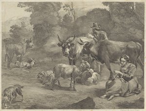 Landscape with a Shepherd and a Sewing Shepherdess by Cornelis Visscher (II)