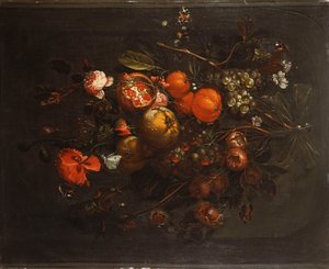 A Bouquet of Fruit and Flowers Hanging from a Nail in a Niche by Cornelis de Heem