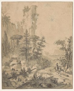 Mountain Road with Man and Two Mules