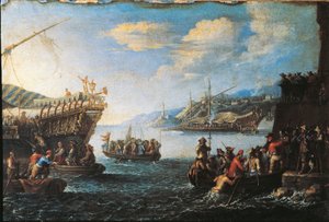 Troops embarking on galley in Port of Genoa
