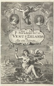 Venus on Shell with Burning Heart and Arrow Drifting off the Coast of Zeeland, Above Two Medallions with Portraits of Cloës and Blondae and Cartouche with Title Held by Amor Title Page for: Venus Zelanda et alia ejus Poëmata, The Hague 1641 by Cornelis van Dalen (I)