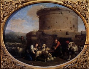 Shepherds, herds and farmers at a fountain in Rome by Cornelis van Poelenburgh