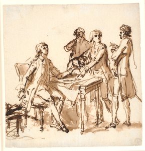 Four men around a table discussing a project