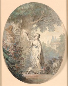 Shepherdess Carving a Sign in a Tree
