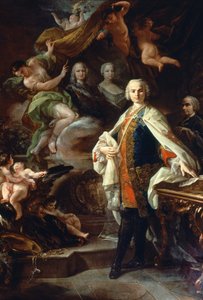 The Italian castrate Carlo Farinelli (Carlo Broschi, dit; 1705 - 1782), at the court of Philip II of Spain, wearing the white coat of the Order of Calatrava. Painting by Corrado Giaquinto (1703-1766), Civico Museo Bibliografico Musicale, Bologna.