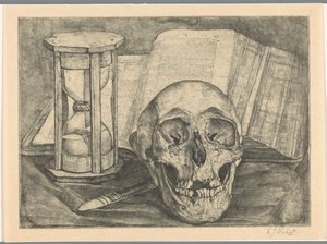 Still Life with a Skull, an Hourglass, a Book, and a Knife by Corrie Pabst (signed by artist)