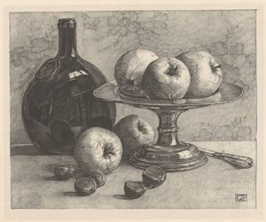 Still Life with a Bottle, a Bowl, Apples, Chestnuts, and a Knife by Corrie Pabst