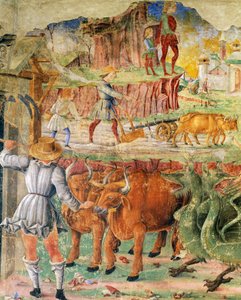 Agricultural picture, detail from Triumph of Ceres, scene from Month of August, attributed to Cosimo Tura, and Master of Ercole, fresco, north wall, Hall of the Months, Palazzo Schifanoia, Ferrara, Emilia-Romagna, Italy
