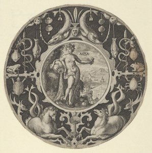 Aqua in a Decorative Border with Sea Creatures, from a Series of Circular Designs by Crispijn de Passe I