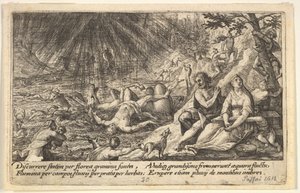 The Beginning of the Flood: Men and Women Climb to Higher Ground at Right, Water Overtaking by Crispijn de Passe I