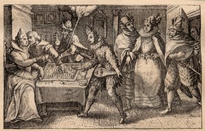 A backgammon party with strolling players - Dutch copper-plate engraving; from a set of prints, Hortus Voluptatem, by Crispin de Passe by Crispin I de Passe