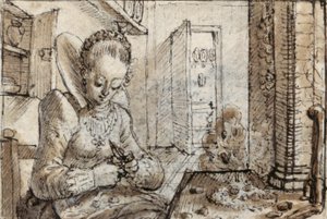 A fashionable young woman sits at a kitchen table to shell walnuts by Crispin I de Passe