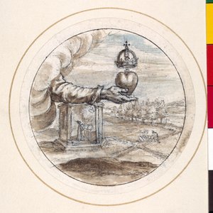 A hand supporting a heart with an imperial crown by Crispin I de Passe