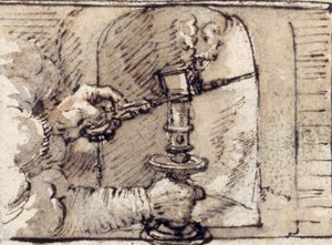 A pair of hands issuing from cloud, snuffing a candle in a candlestick by Crispin I de Passe