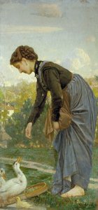 Girl feeding a duck by Cristiano Banti
