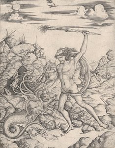 Hercules and the Hydra, wielding a torch he attacks the winged, multi-headed Hydra, ca. 1500-1520 by Cristofano di Michele Martini