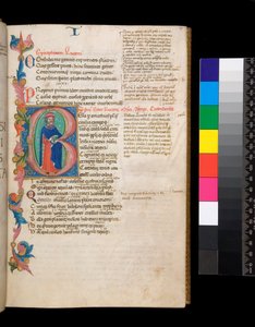 Ms 325. Lucan, Bellum Civile, and Other Works, f.10r. Illuminated Initial [B], Inhabited by a Full-Length Author Portrait, Extending into a Partial Foliage Border, c.1400-10 by Cristoforo Cortese