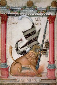 Heraldic Symbol Depicting a Crest with a Lion, Sparks and Buckets of Galeazzo Maria Sforza, Illuminated Page by Cristoforo de Predis from the New Testament Codex, Varia 124, Italy 1475