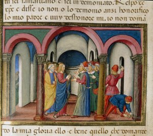 Jesus is intercepted near the temple of Solomon by Jews who ask him to prove his identity (Detail)