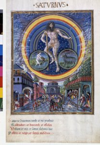 Saturn with Zodiac Signs of Aquarius and Capricorn. Downstairs, the Game Scenes and Its Influence on Men. Miniature Made by Cristoforo de Predis - in 